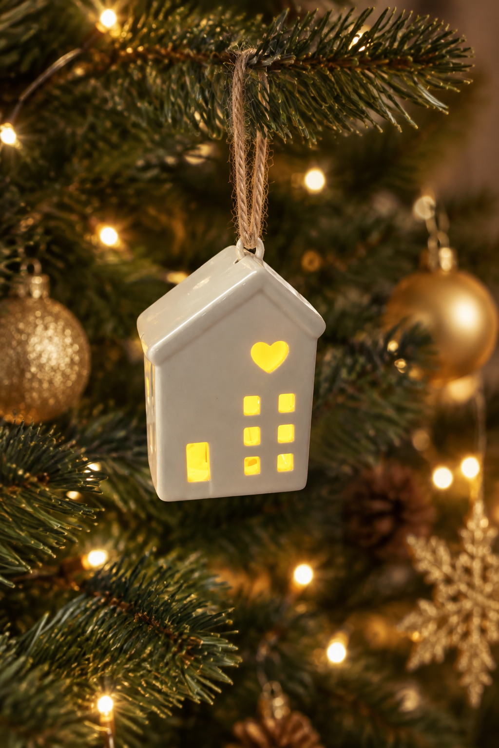 Casita de cerámica iluminada colgada en un árbol navideño