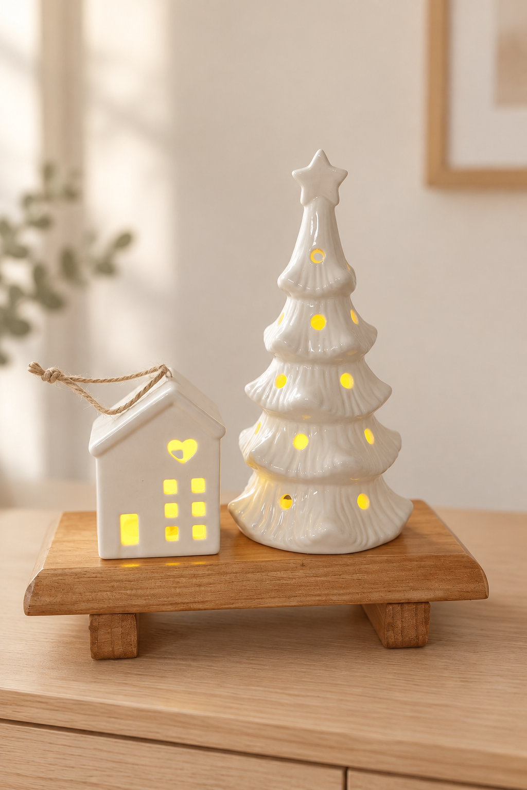 Casita y árbol de cerámica iluminados sobre base de madera