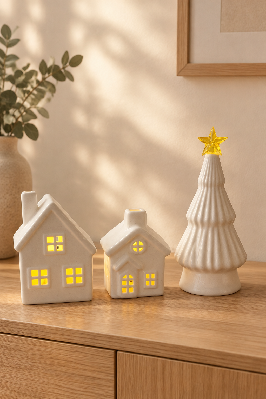 Dos casitas iluminadas y árbol de cerámica en un ambiente de hogar