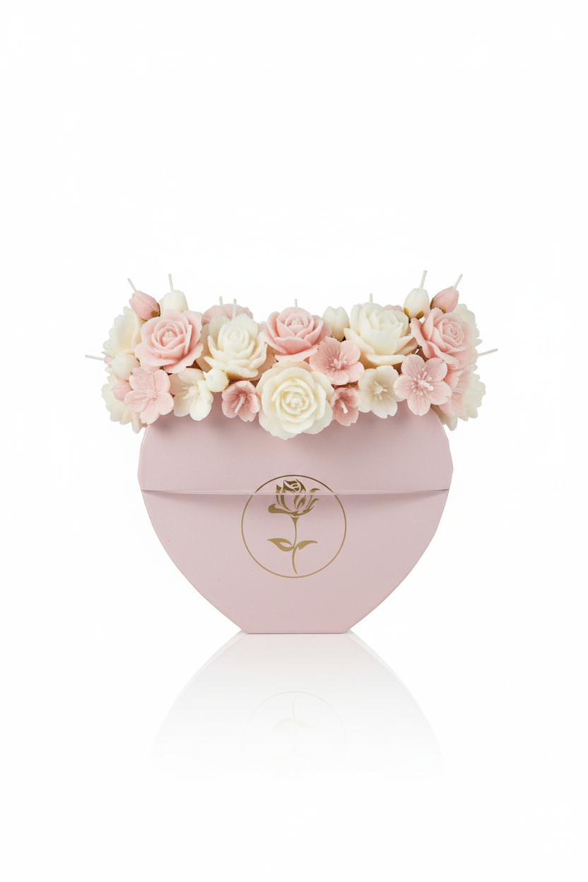 Florero corazón rosa con abundantes velas florales