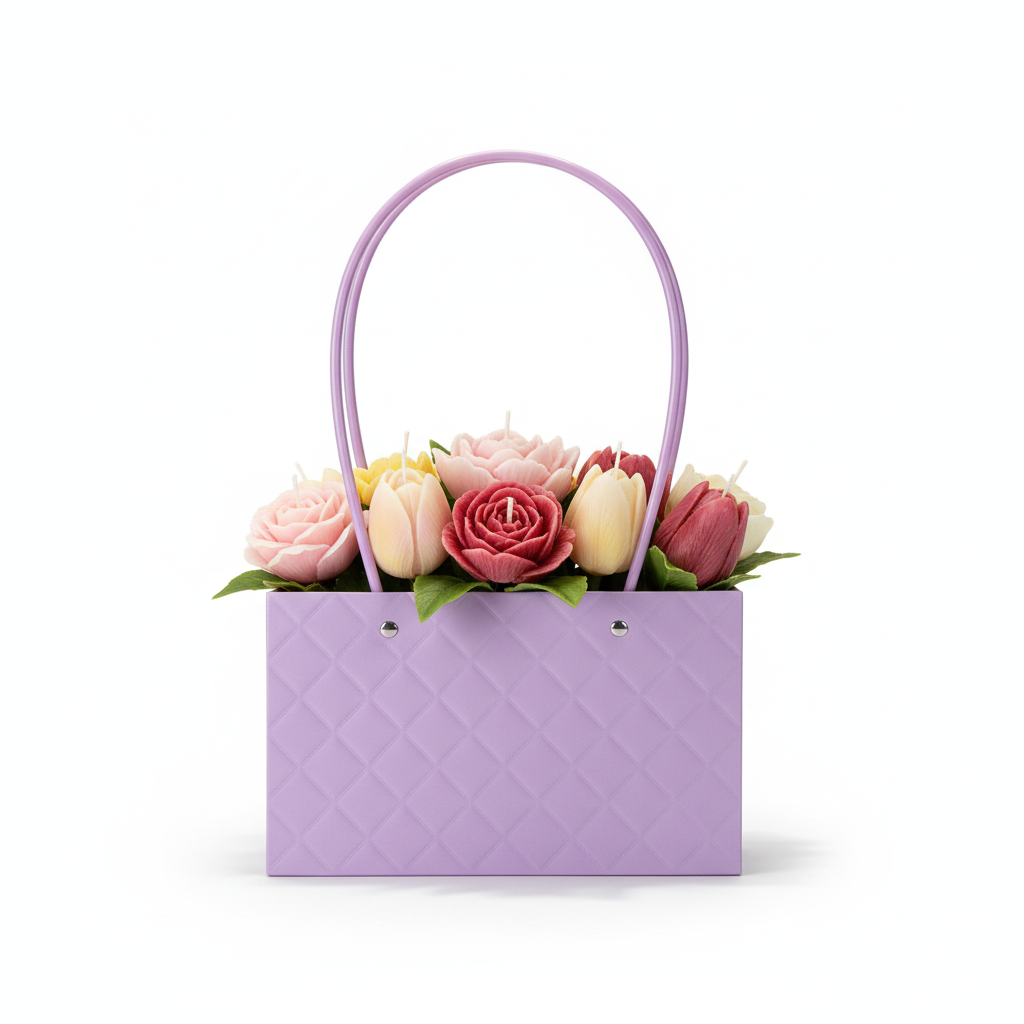 Florero lila con arreglo de velas florales