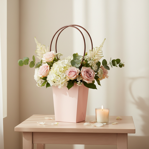 Florero rosa con flores y vela