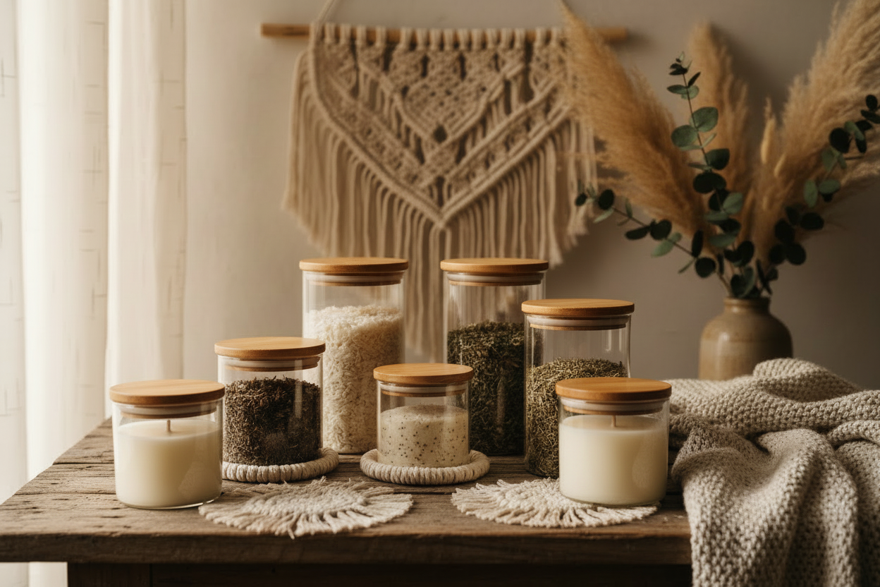 Frascos con tapa de bambú y velas estilo boho