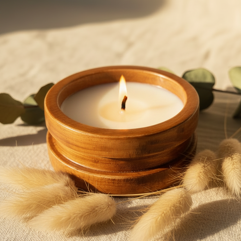 Vela blanca en envase de madera - lifestyle boho