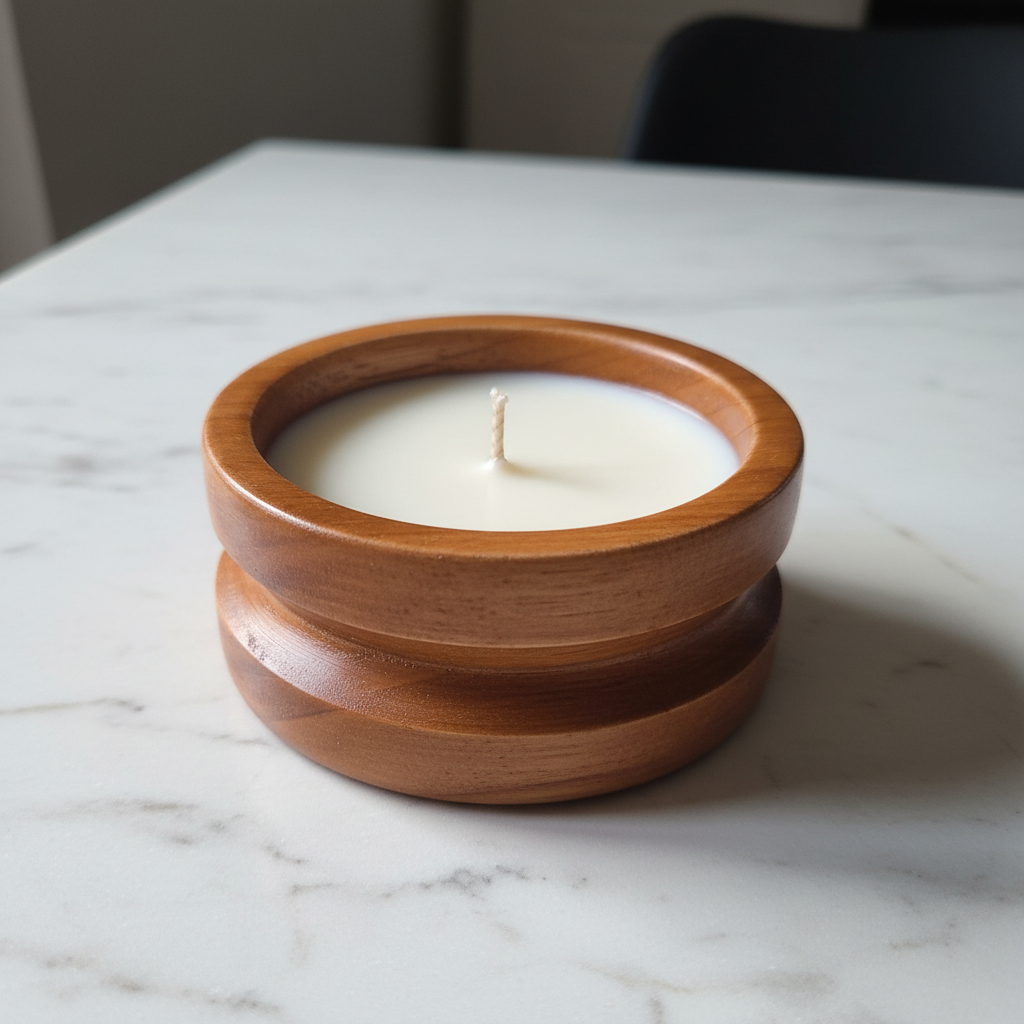 Vela en envase de madera - fondo mármol