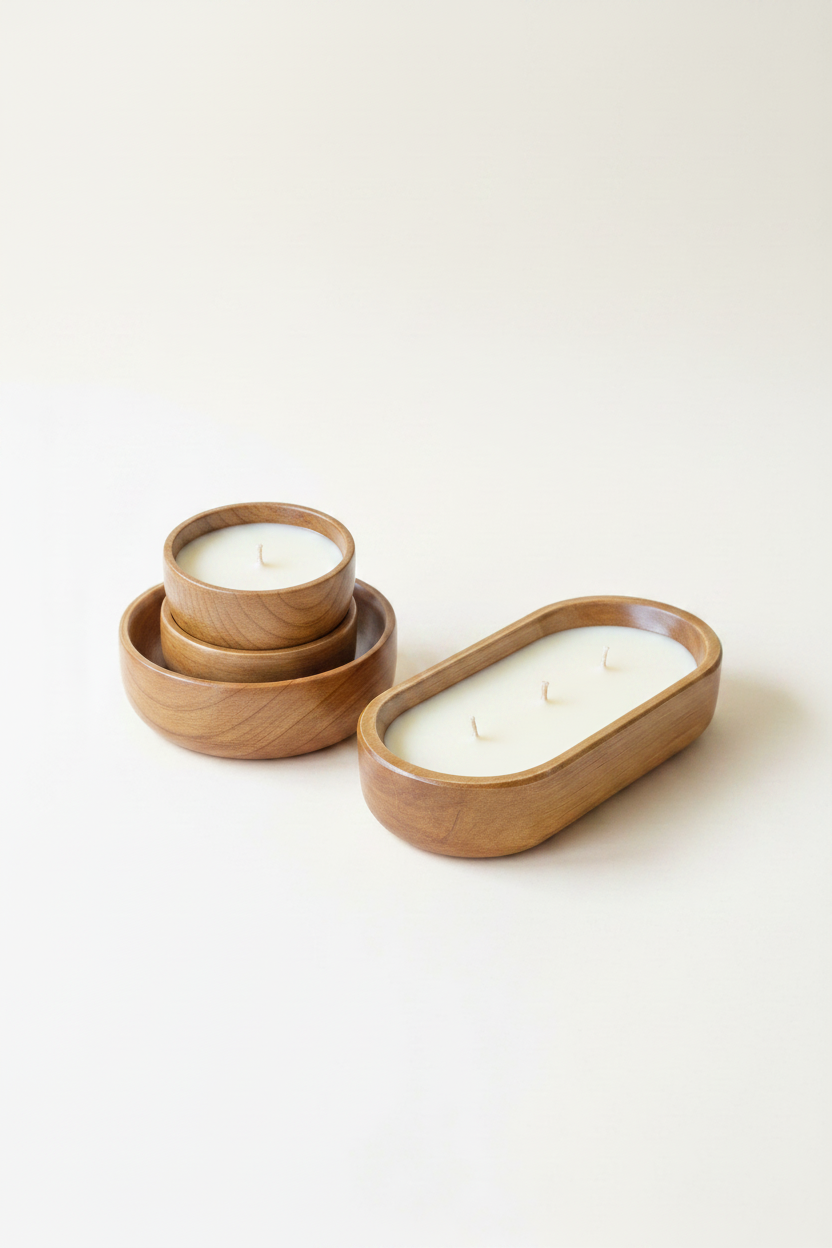 Velas en recipientes de madera - set completo